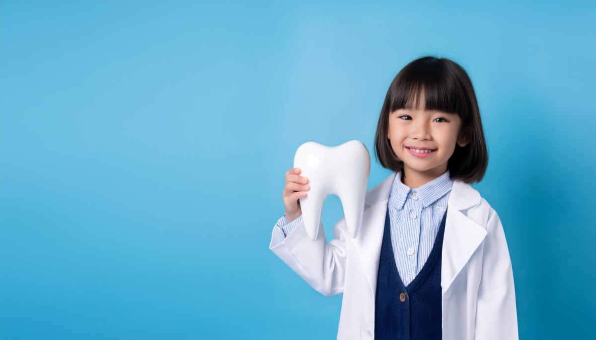 健康な白い歯の模型を持った白衣を着た子ども